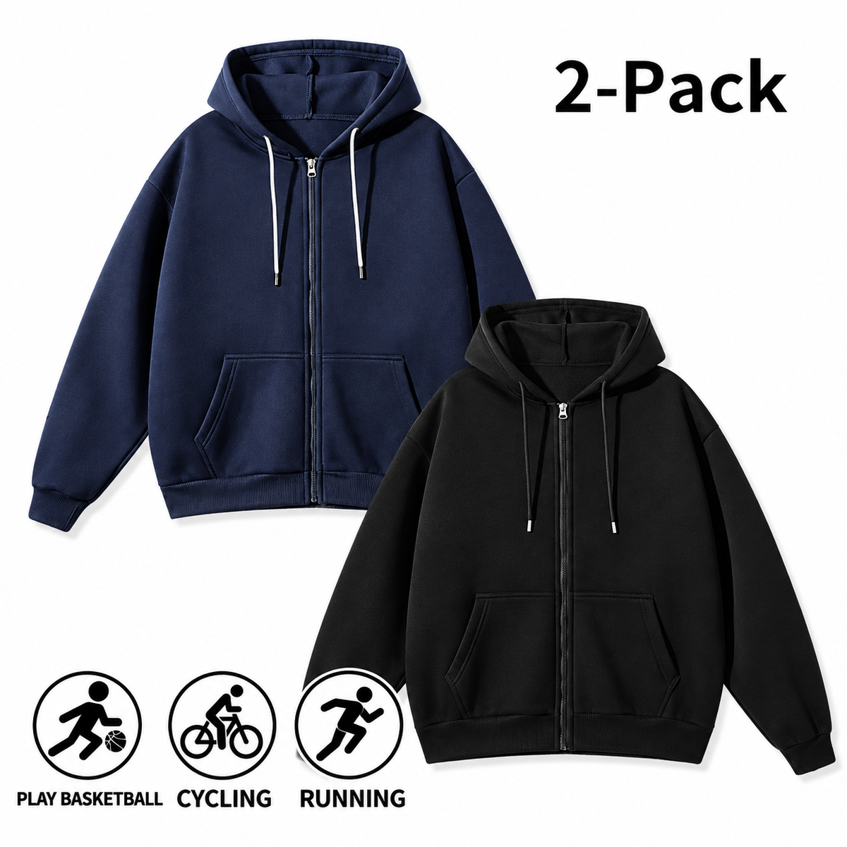 Men's Full-Zip Hooded Sweatshirts Pack of 2 Comfortable Athletic Hoodies