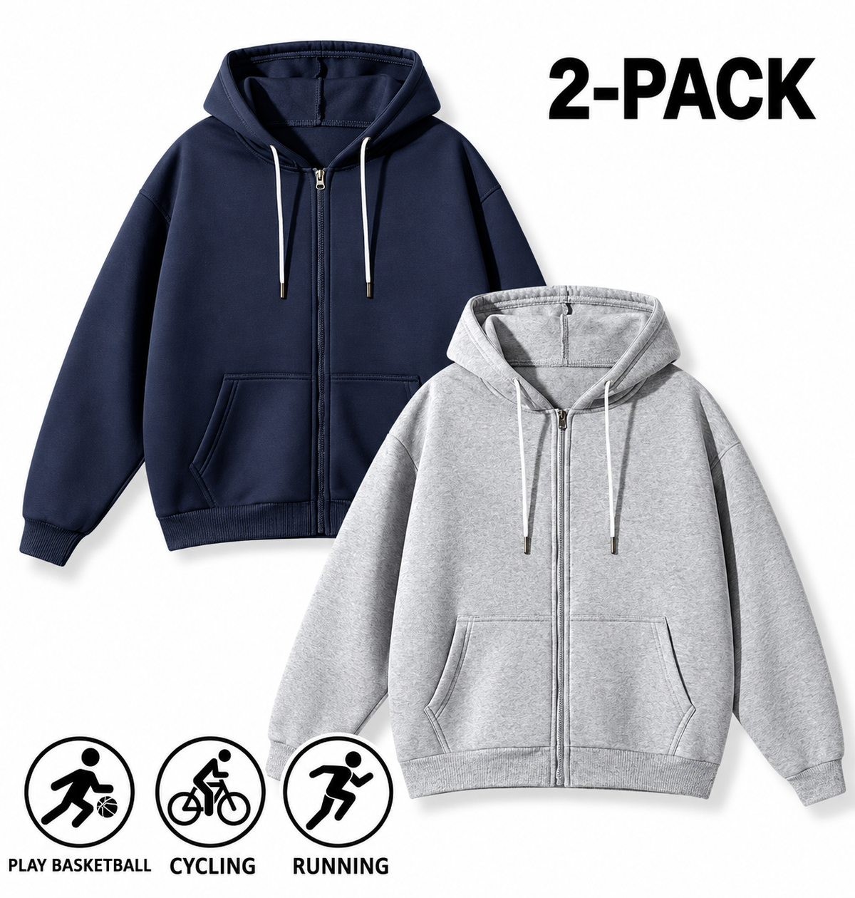 Men's Full-Zip Hooded Sweatshirts Pack of 2 Comfortable Athletic Hoodies