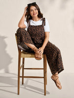 Plus Size Leopard Print Wide-Leg Jumpsuit with Adjustable Shoulder Ties
