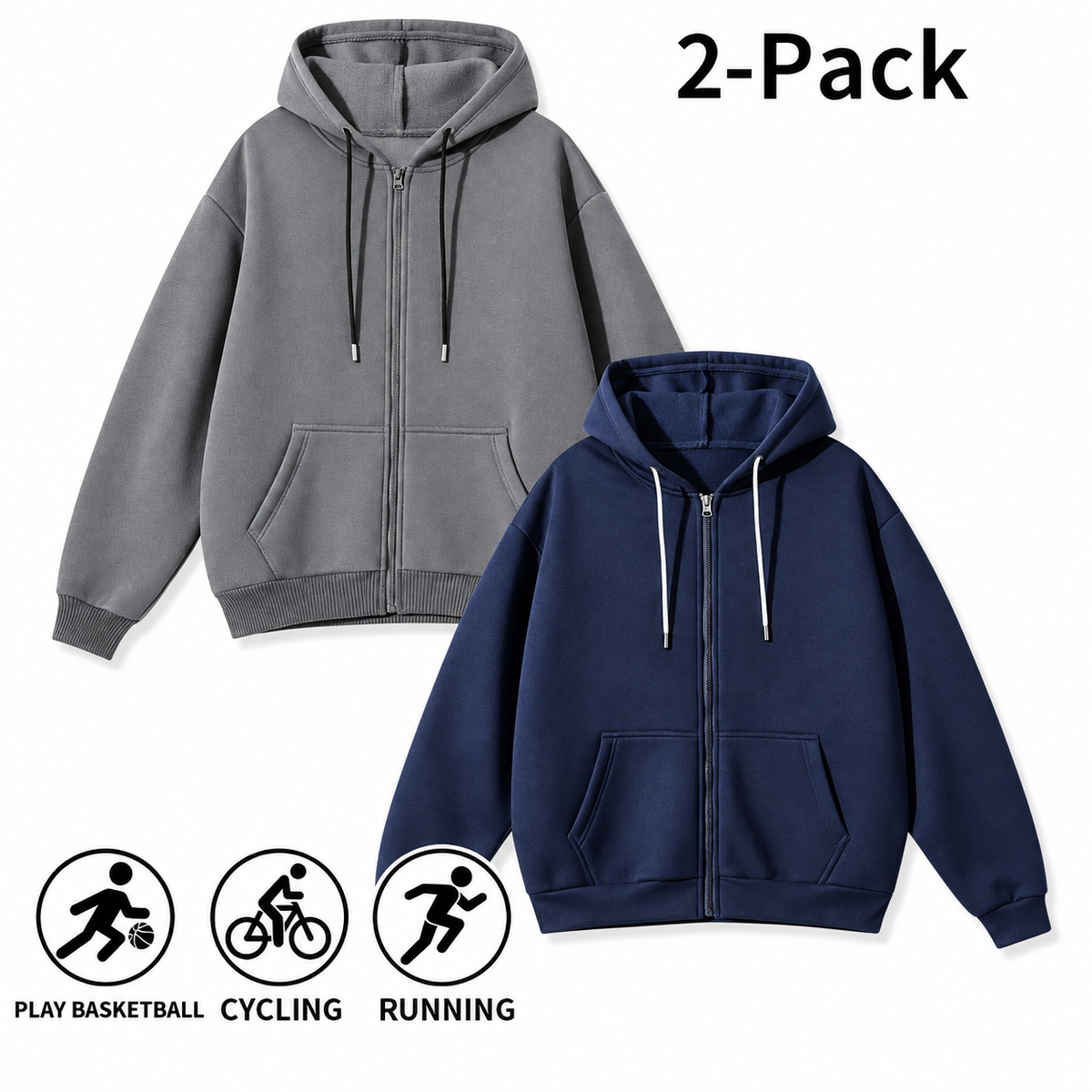 Men's Full-Zip Hooded Sweatshirts Pack of 2 Comfortable Athletic Hoodies