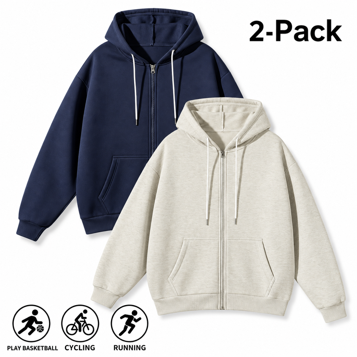 Men's Full-Zip Hooded Sweatshirts Pack of 2 Comfortable Athletic Hoodies