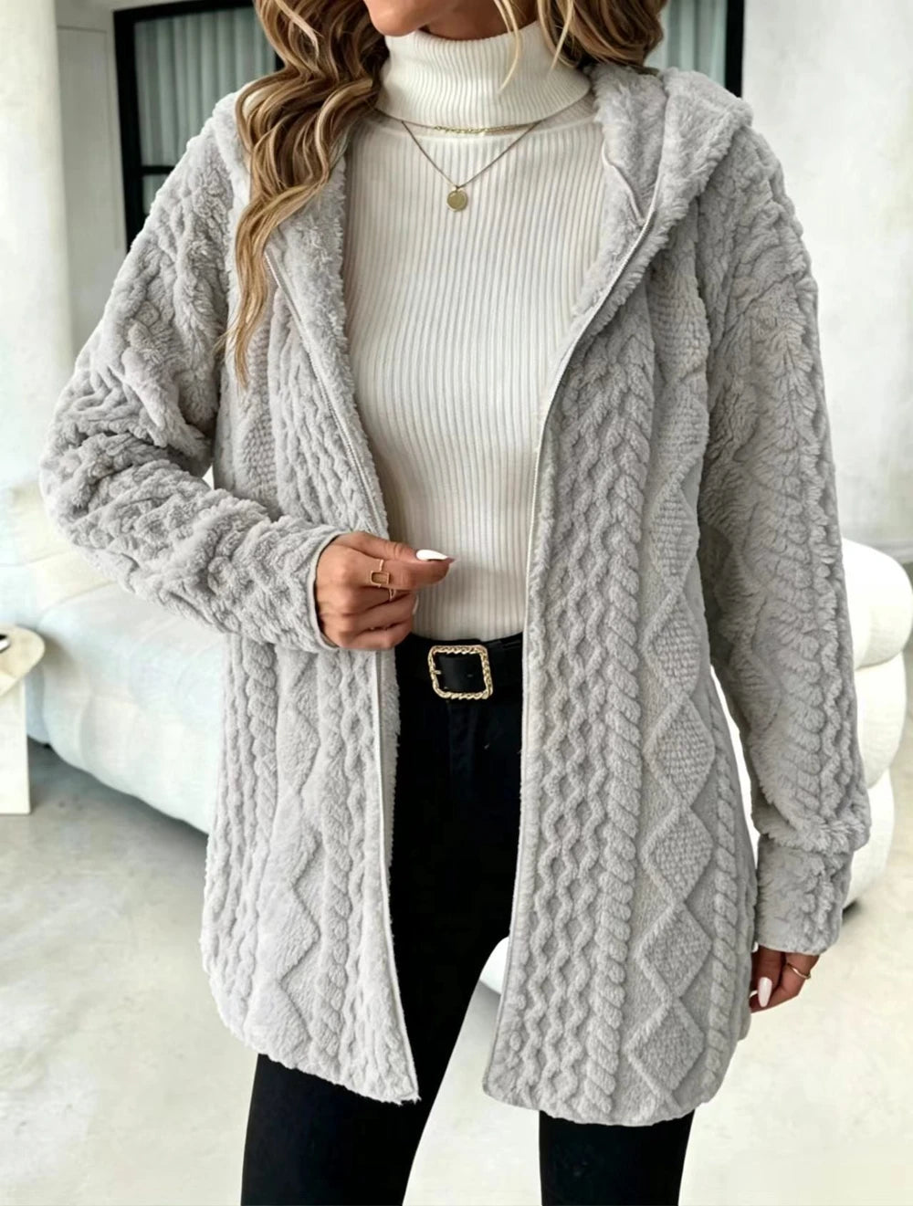 Women's Fuzzy Sherpa Hooded Cardigan, Soft Plush Fleece Open Front Coat