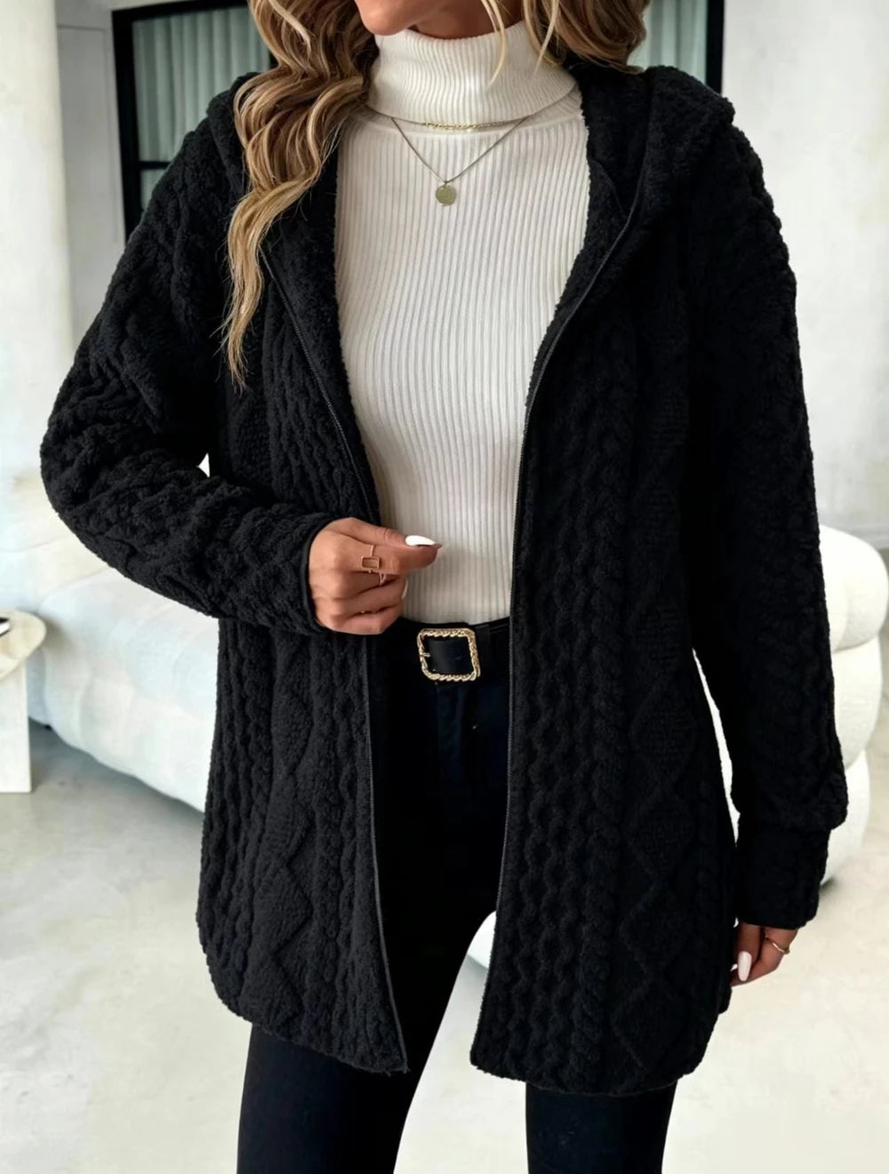 Women's Fuzzy Sherpa Hooded Cardigan, Soft Plush Fleece Open Front Coat