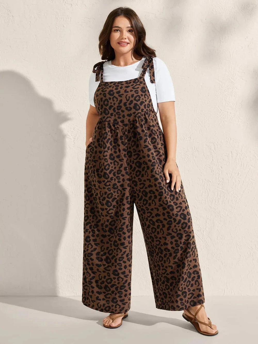 Plus Size Leopard Print Wide-Leg Jumpsuit with Adjustable Shoulder Ties