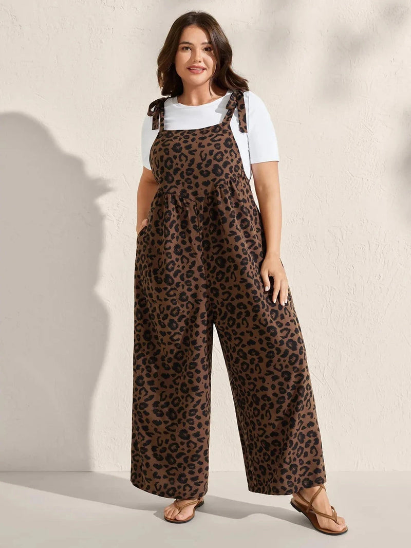 Plus Size Leopard Print Wide-Leg Jumpsuit with Adjustable Shoulder Ties