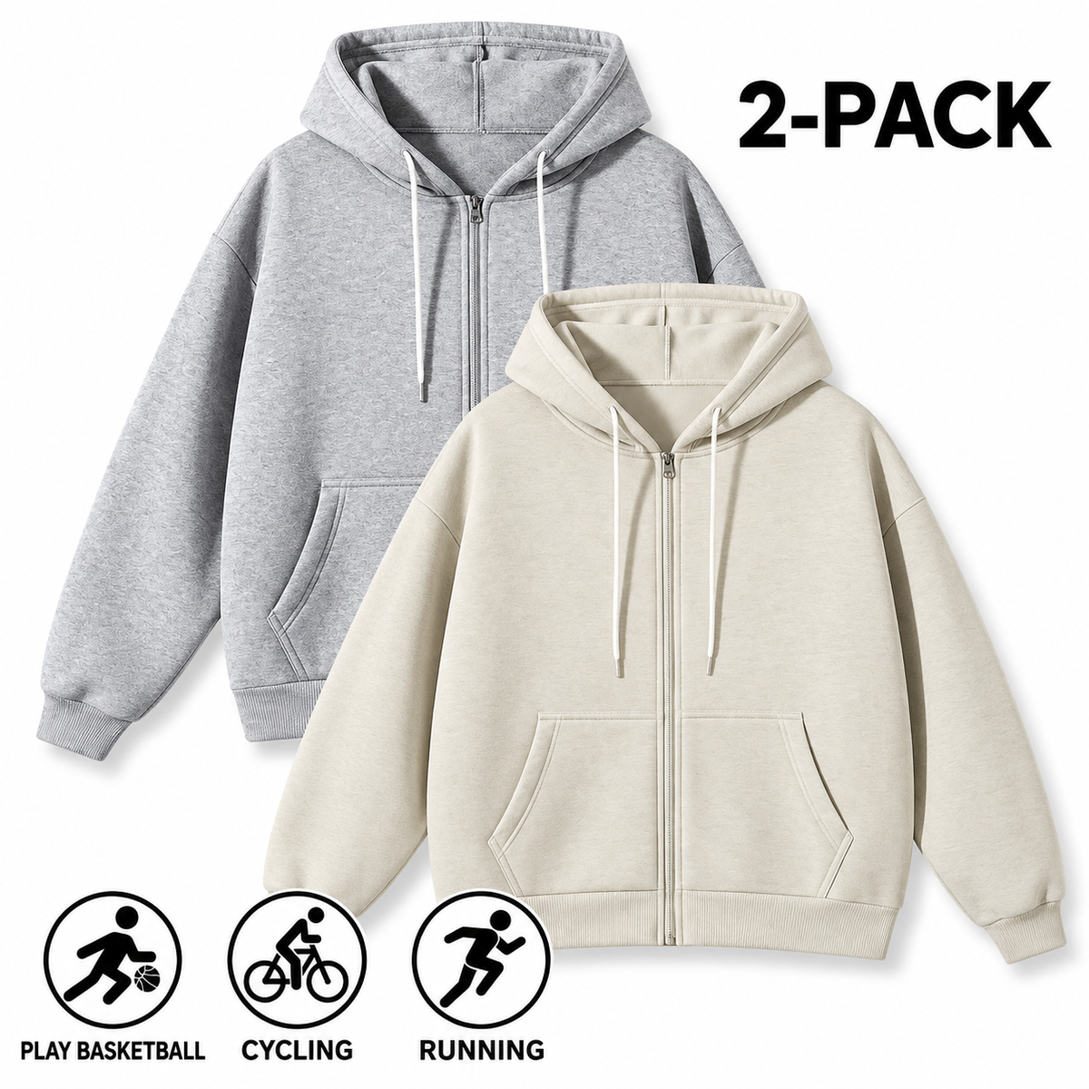 Men's Full-Zip Hooded Sweatshirts Pack of 2 Comfortable Athletic Hoodies