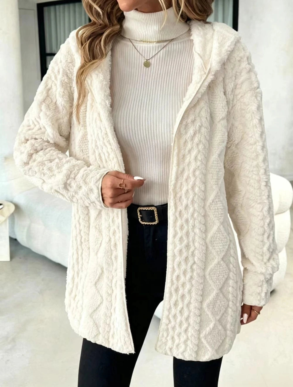 Women's Fuzzy Sherpa Hooded Cardigan, Soft Plush Fleece Open Front Coat